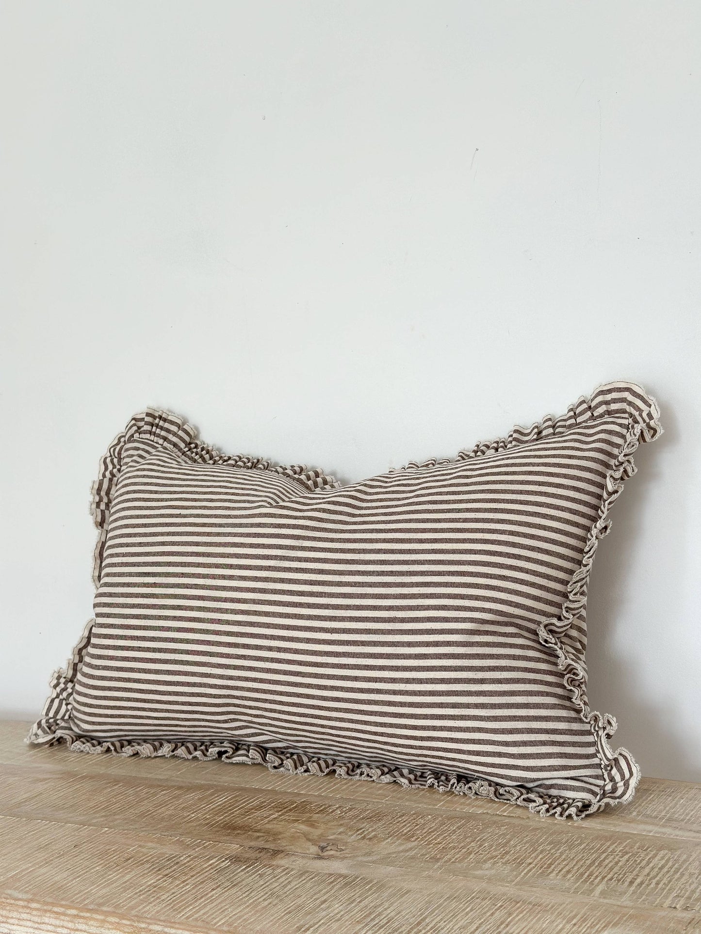Darcy Ruffle Cotton Cushion Cover 50x30 – Dark Brown Stripe🇬🇧