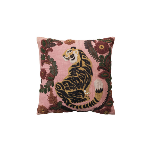 20" Square Cotton Embroidered Tiger & Flowers