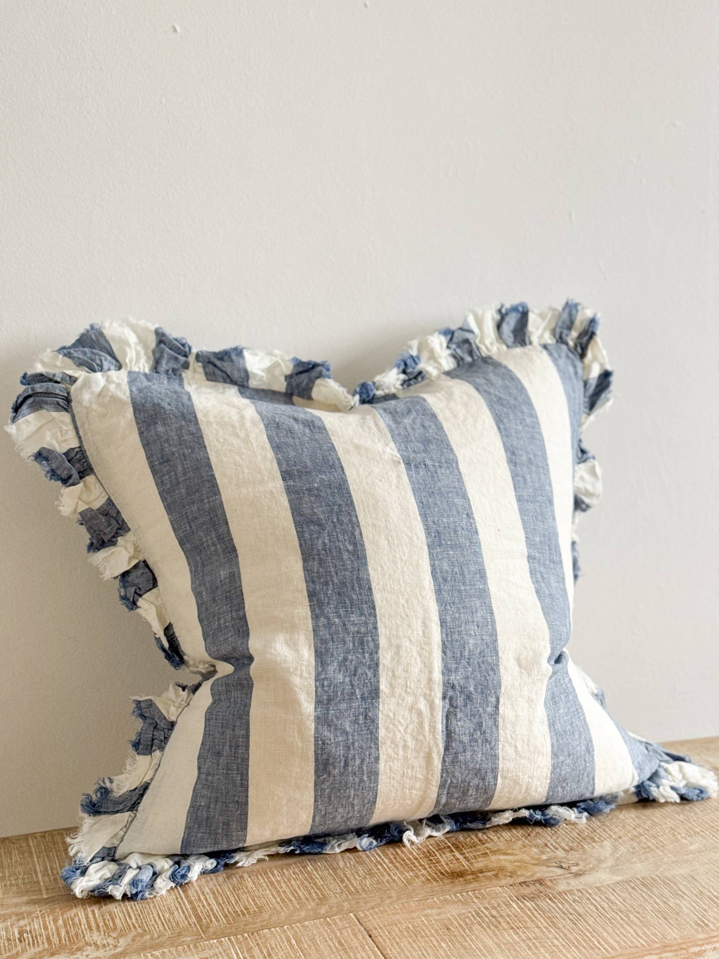 Hallie Ruffled Linen Cushion Cover – Blue Wide Stripe🇬🇧