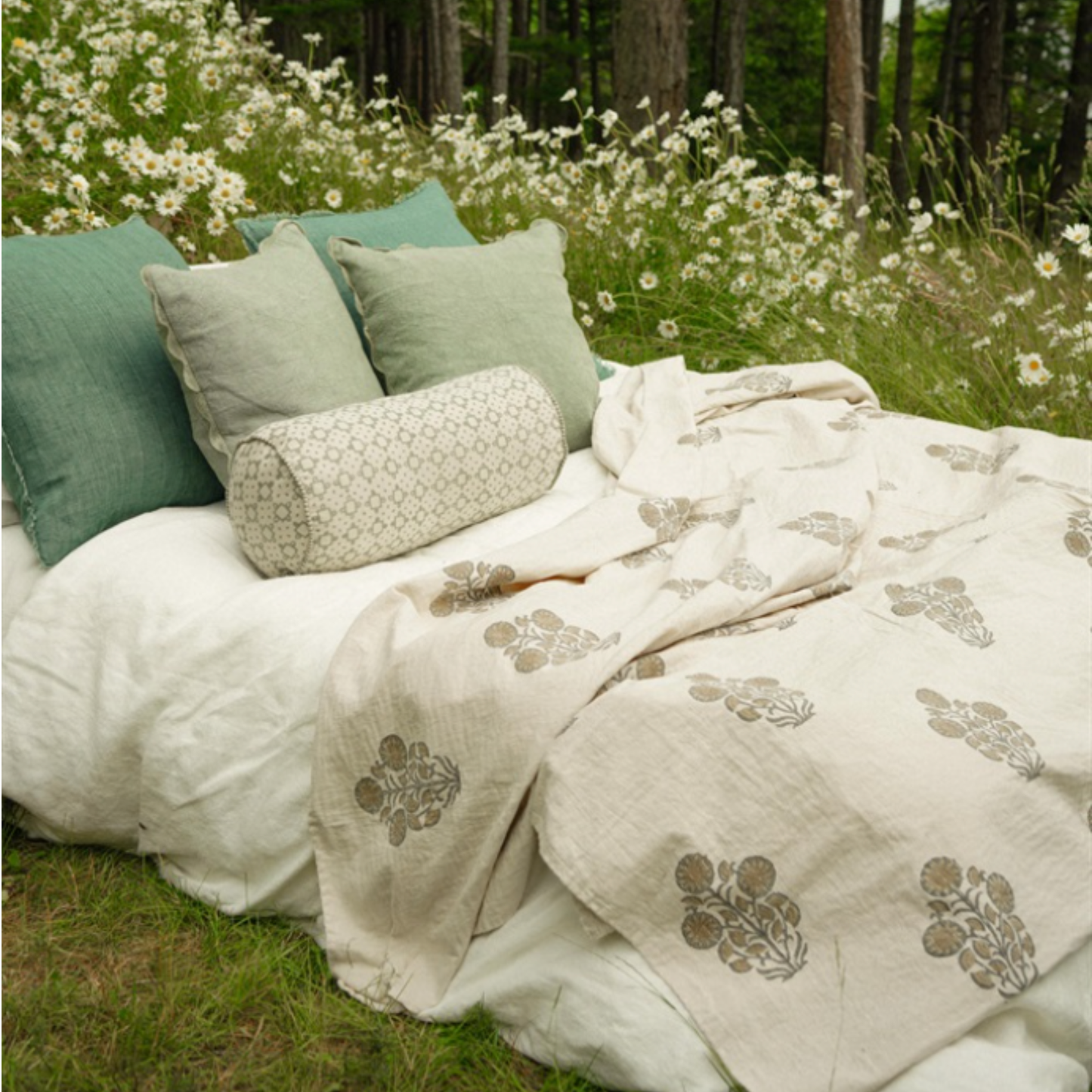 Senna Block Print Kantha Bed Blanket