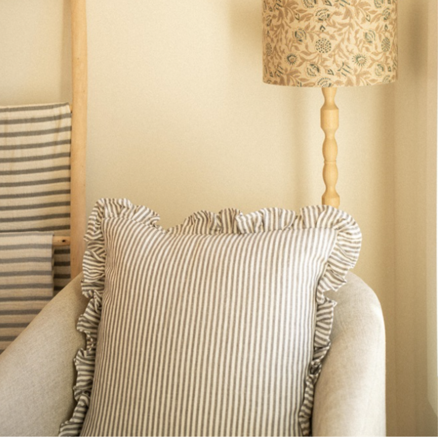 20x20 Ruffle Thin Stripe Pillow, Beige