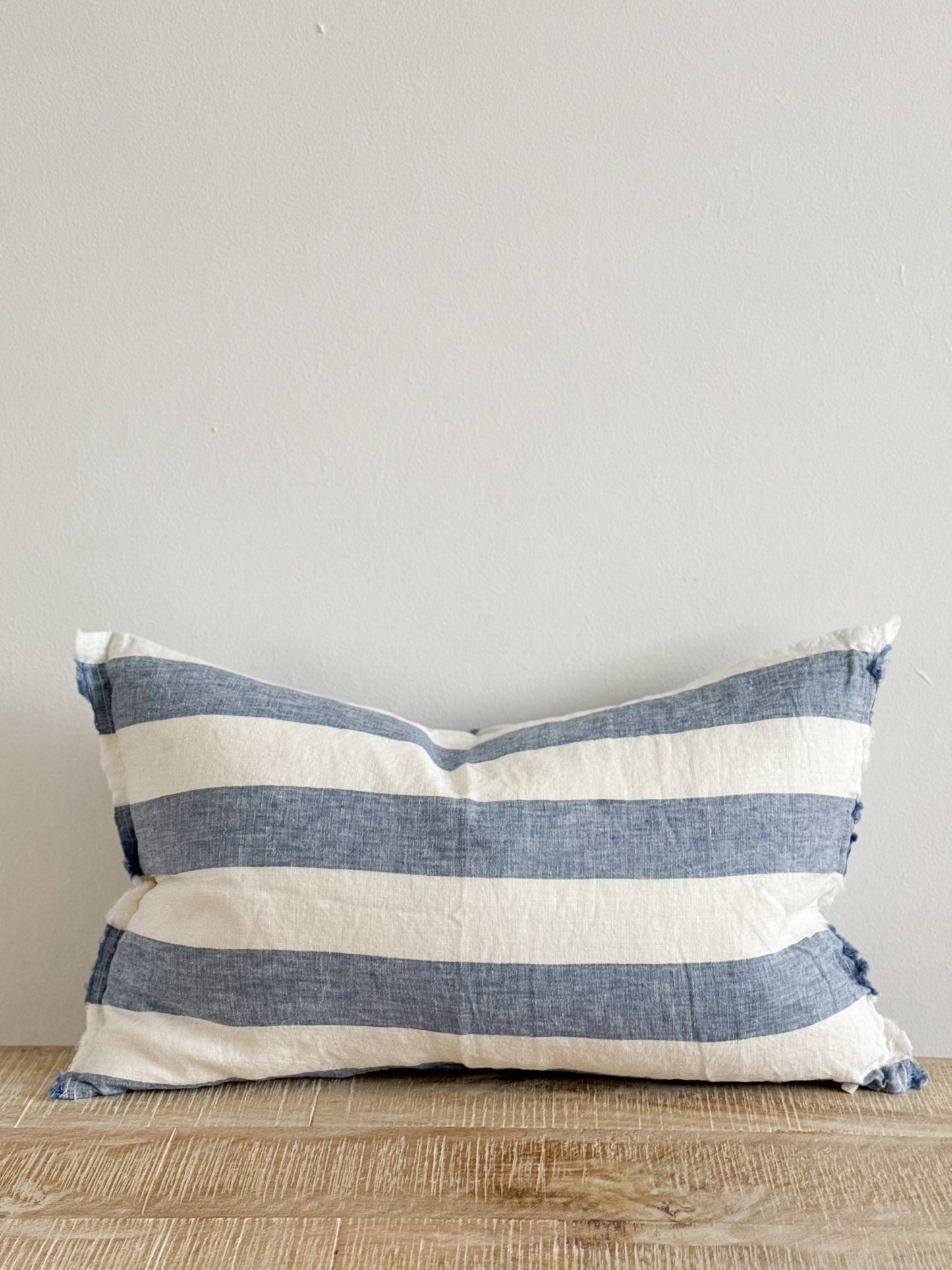 Esmee Fringed Linen Cushion Cover 50x30 – Wide Blue Stripe🇬🇧