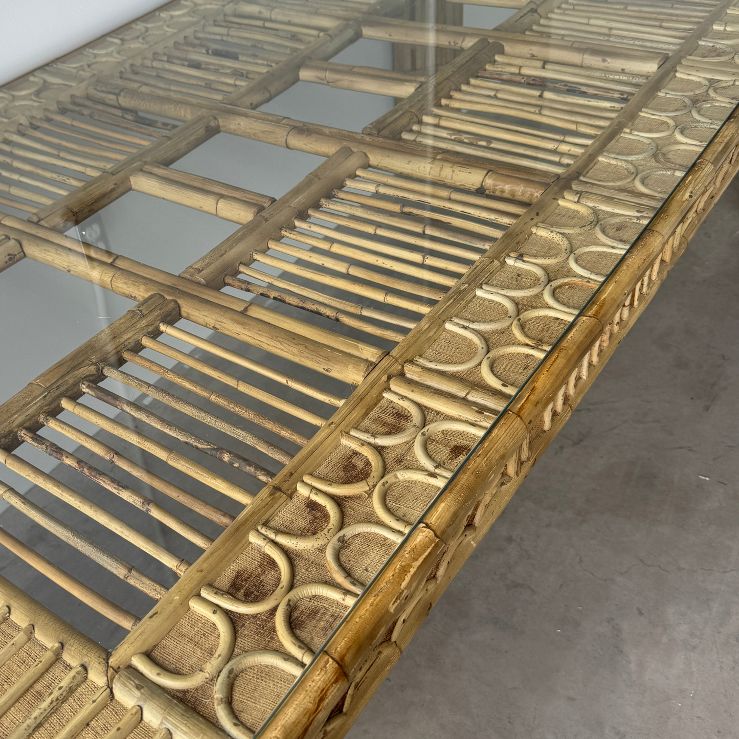 Rattan and grasscloth dining table