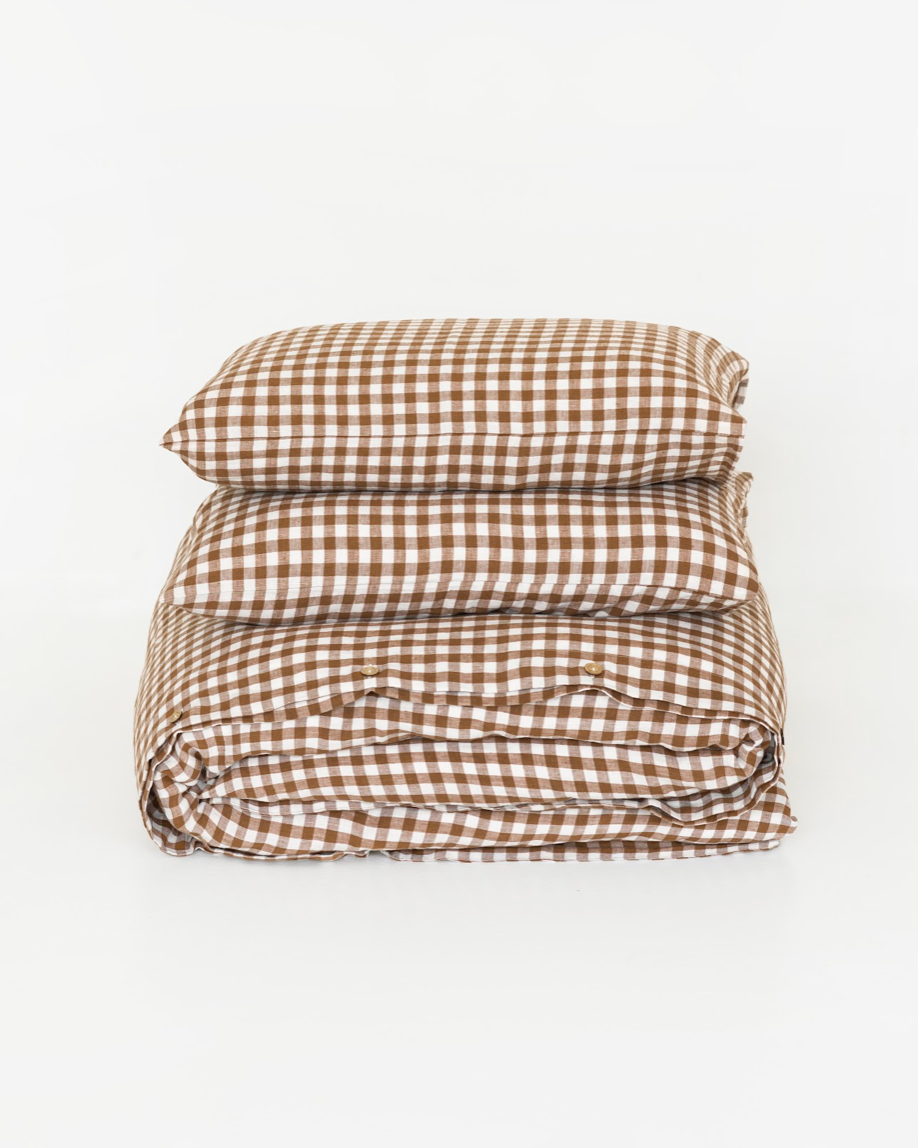 Cinnamon gingham linen duvet cover set (3 pcs)