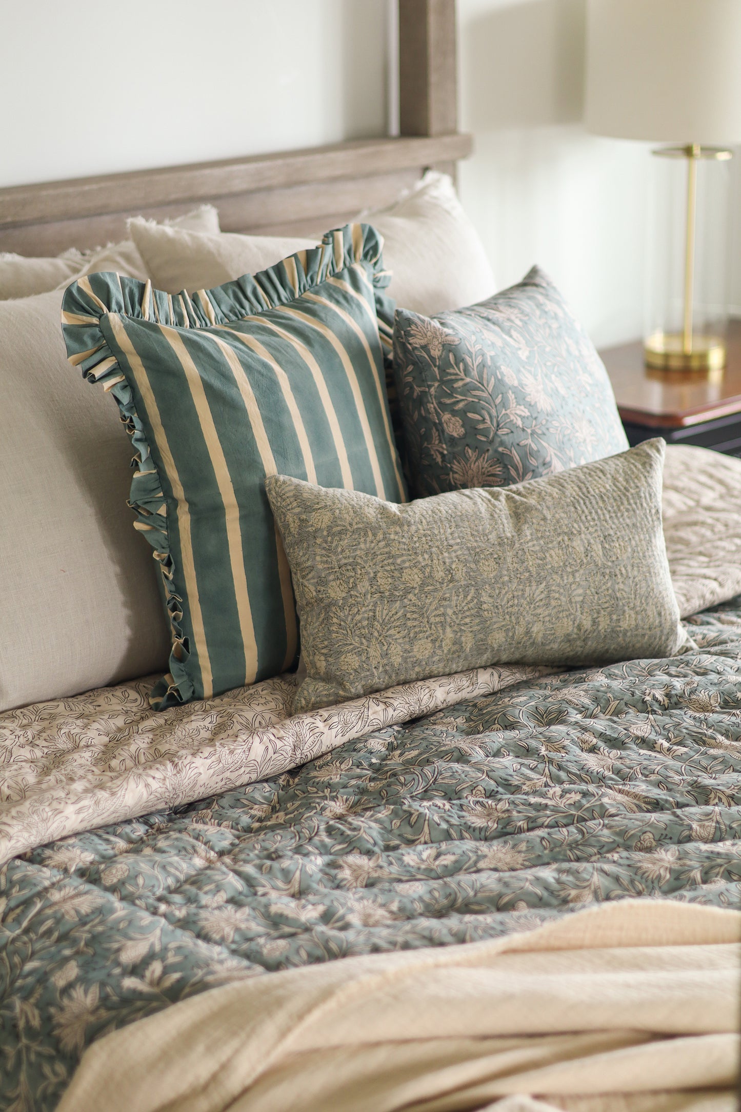 Block Print Stripe Ruffle Pillow, Blue