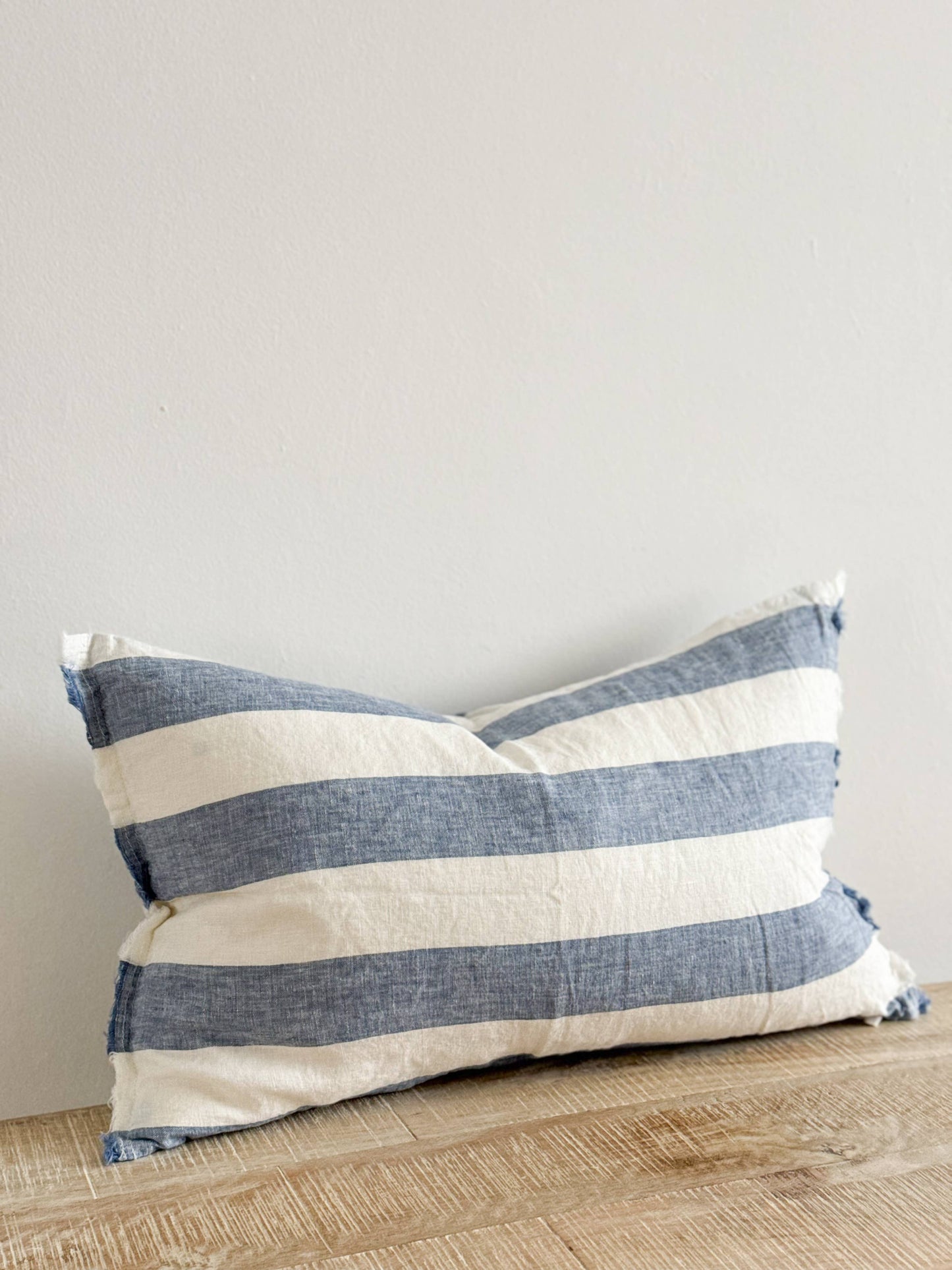 Esmee Fringed Linen Cushion Cover 50x30 – Wide Blue Stripe🇬🇧