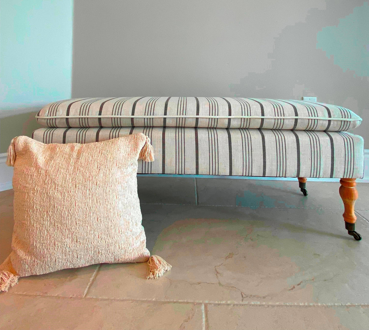 Neutral Linen Ticking Upholstered Pillowtop 48" Rovigo Bench