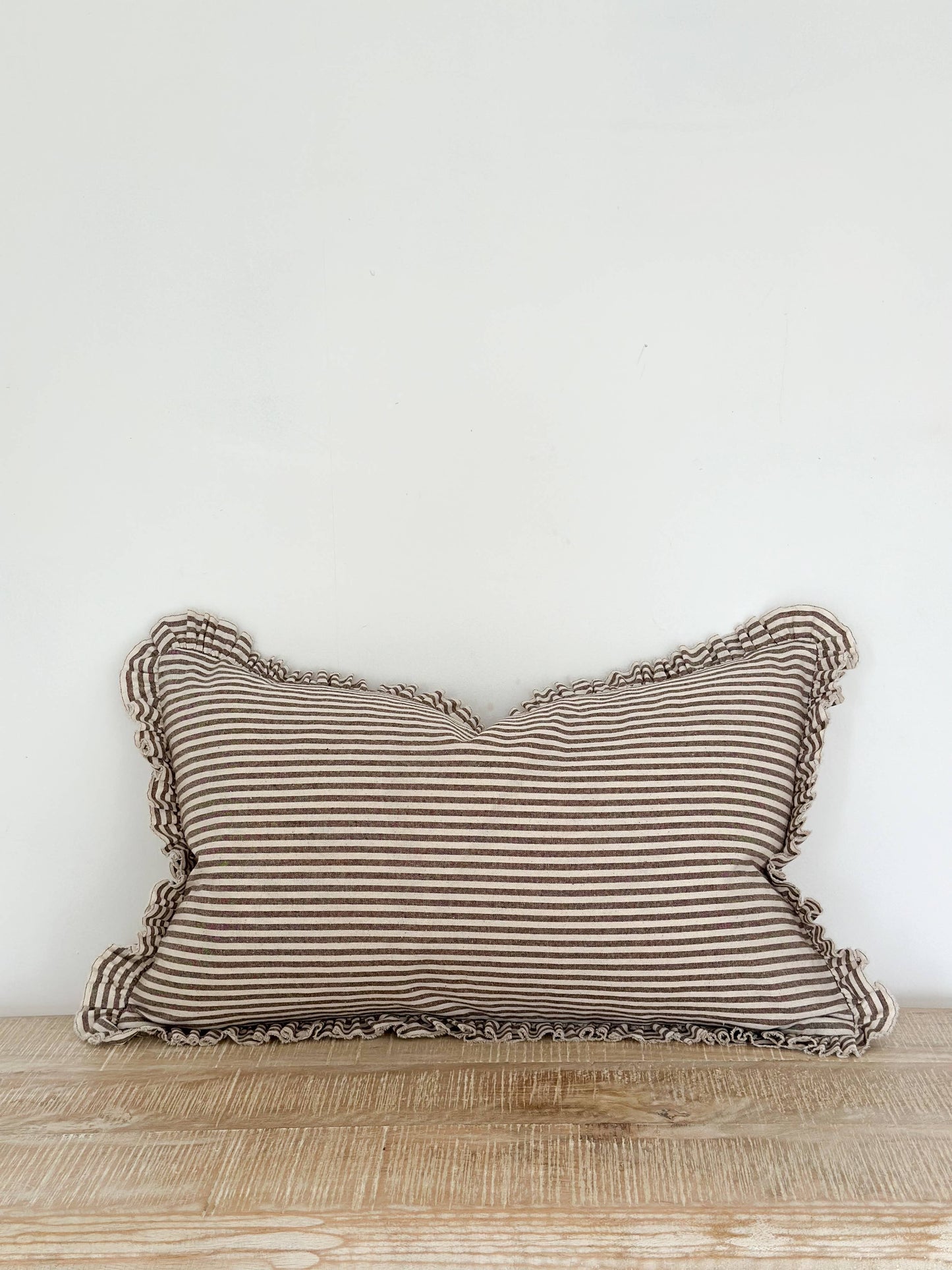 Darcy Ruffle Cotton Cushion Cover 50x30 – Dark Brown Stripe🇬🇧