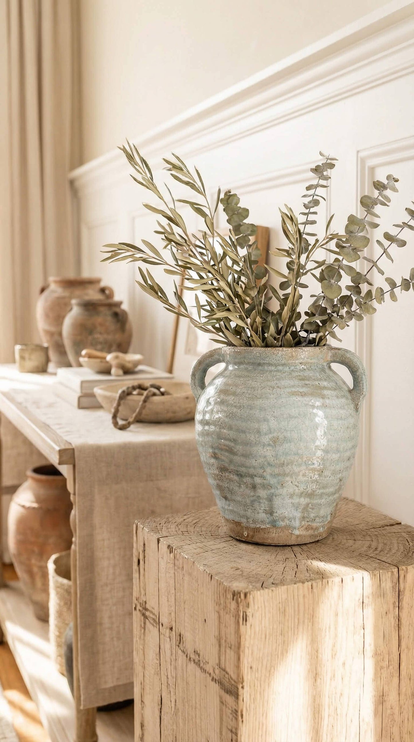 Ceramic Vase, Vintage Style, Blue with Handles - Adriana