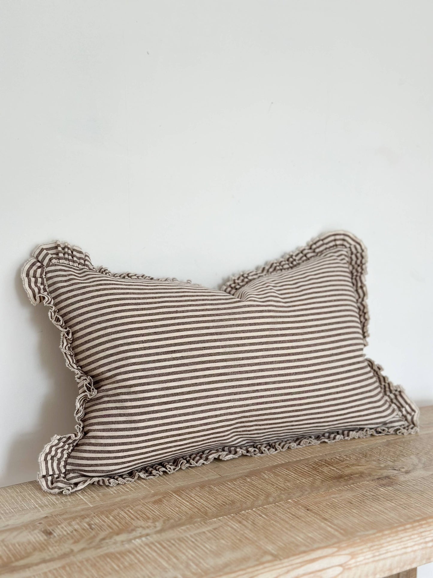Darcy Ruffle Cotton Cushion Cover 50x30 – Dark Brown Stripe🇬🇧