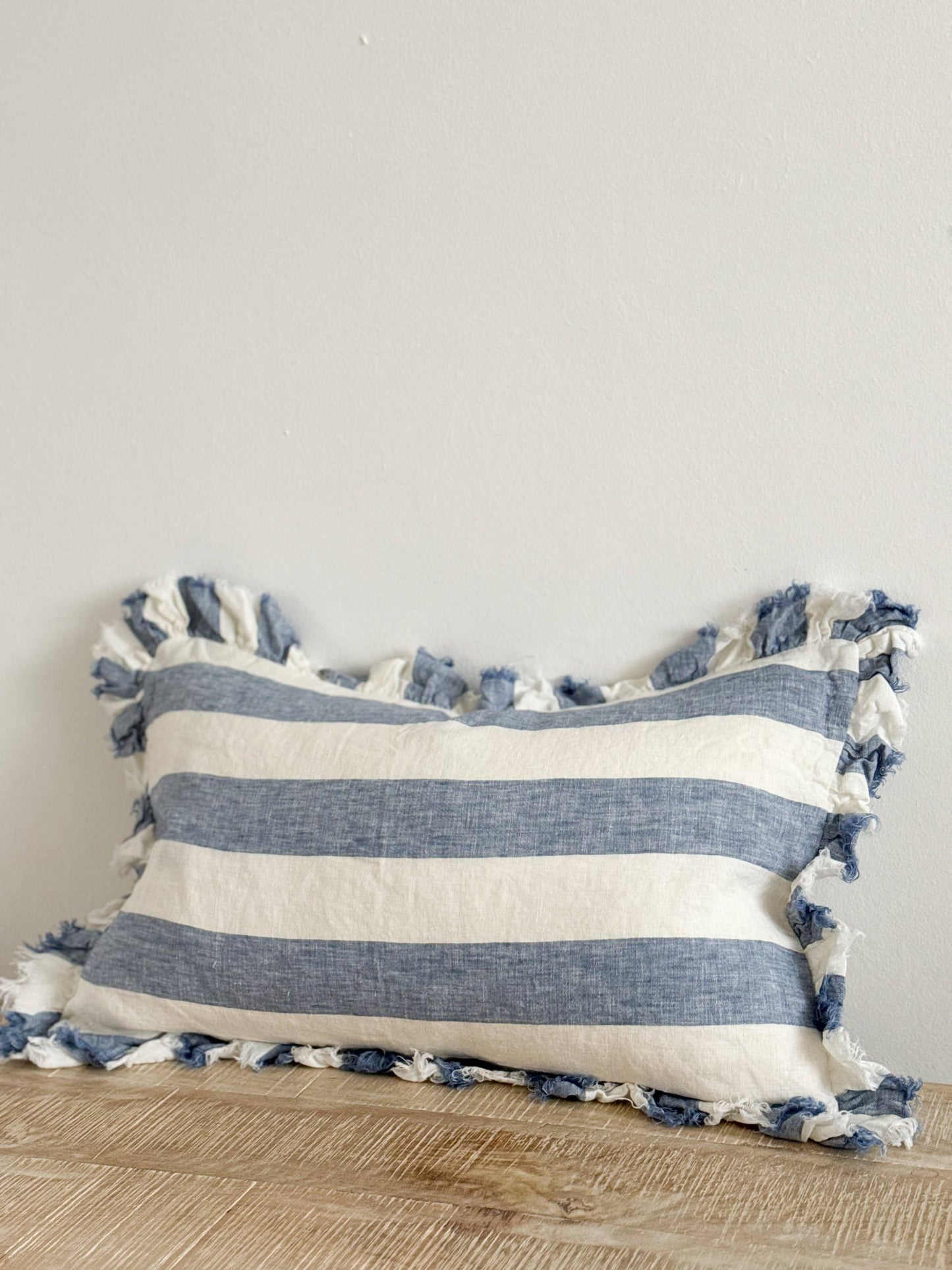 Hallie Ruffled Linen Cushion Cover – Blue Wide Stripe🇬🇧