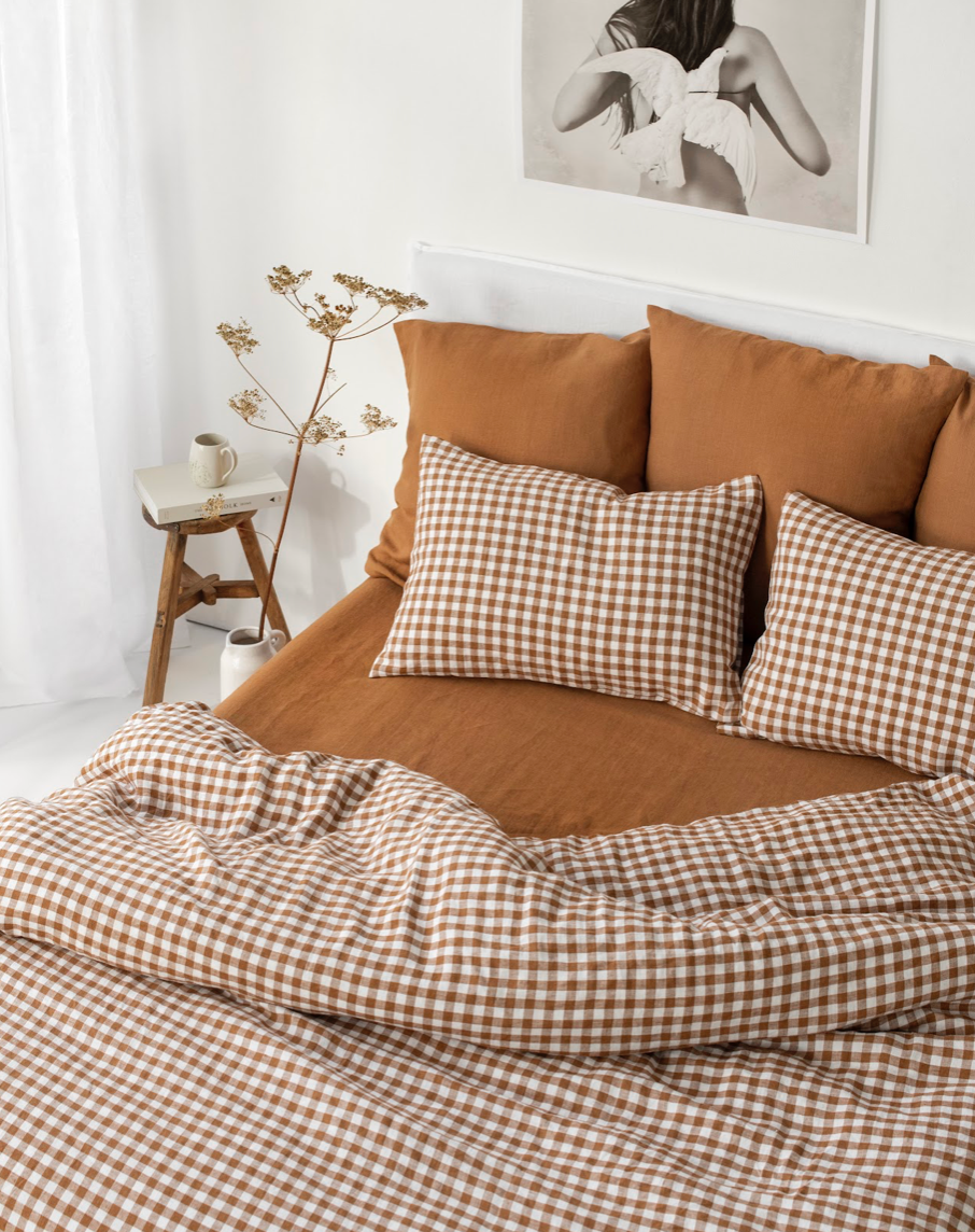 Cinnamon gingham linen duvet cover set (3 pcs)