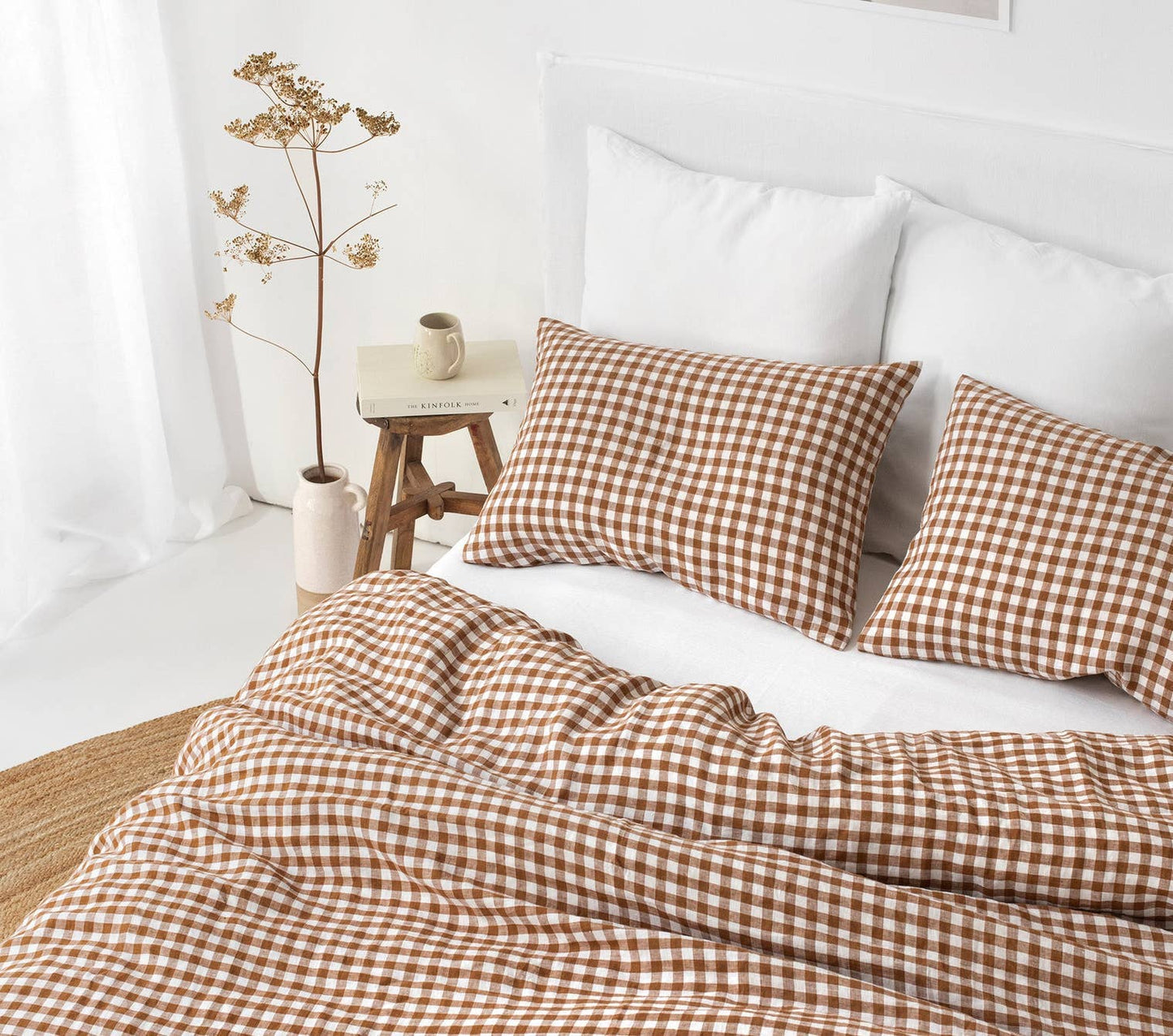 Cinnamon gingham linen duvet cover set (3 pcs)