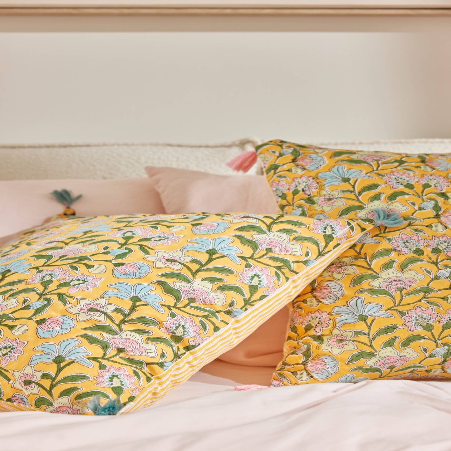 Cushion Cover Printed With Indian Flowers And Stripes Sakura