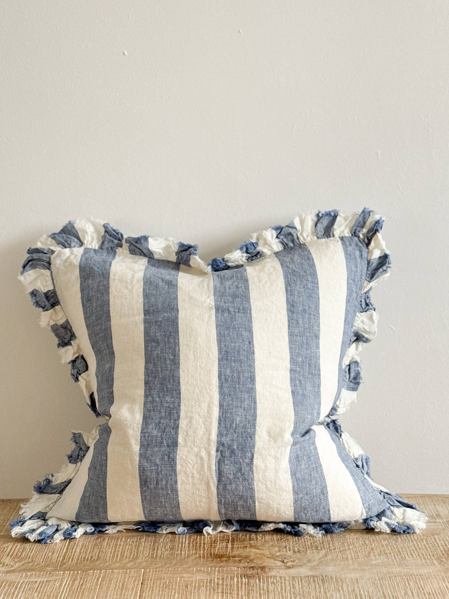 Hallie Ruffled Linen Cushion Cover – Blue Wide Stripe🇬🇧