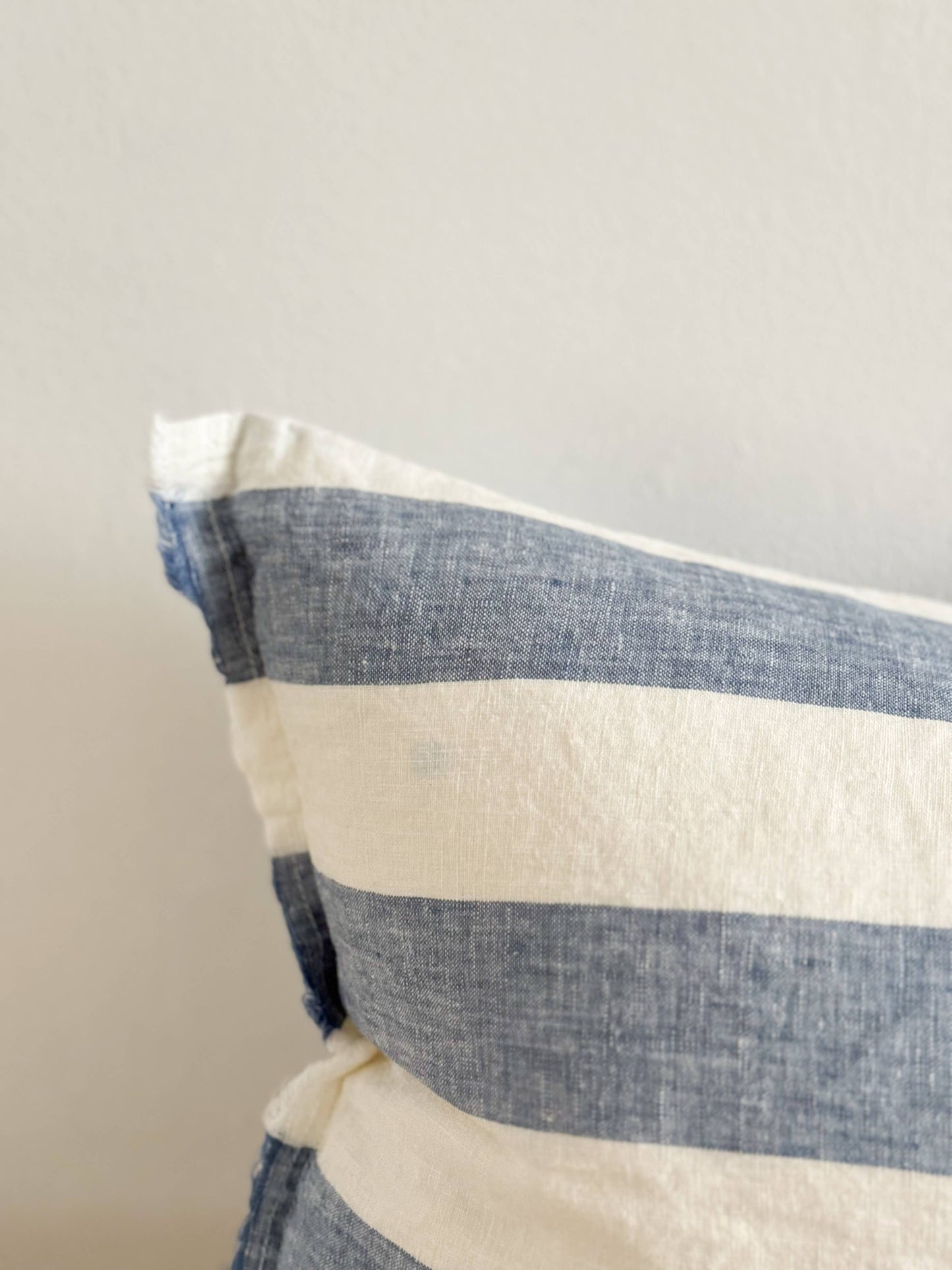Esmee Fringed Linen Cushion Cover 50x30 – Wide Blue Stripe🇬🇧