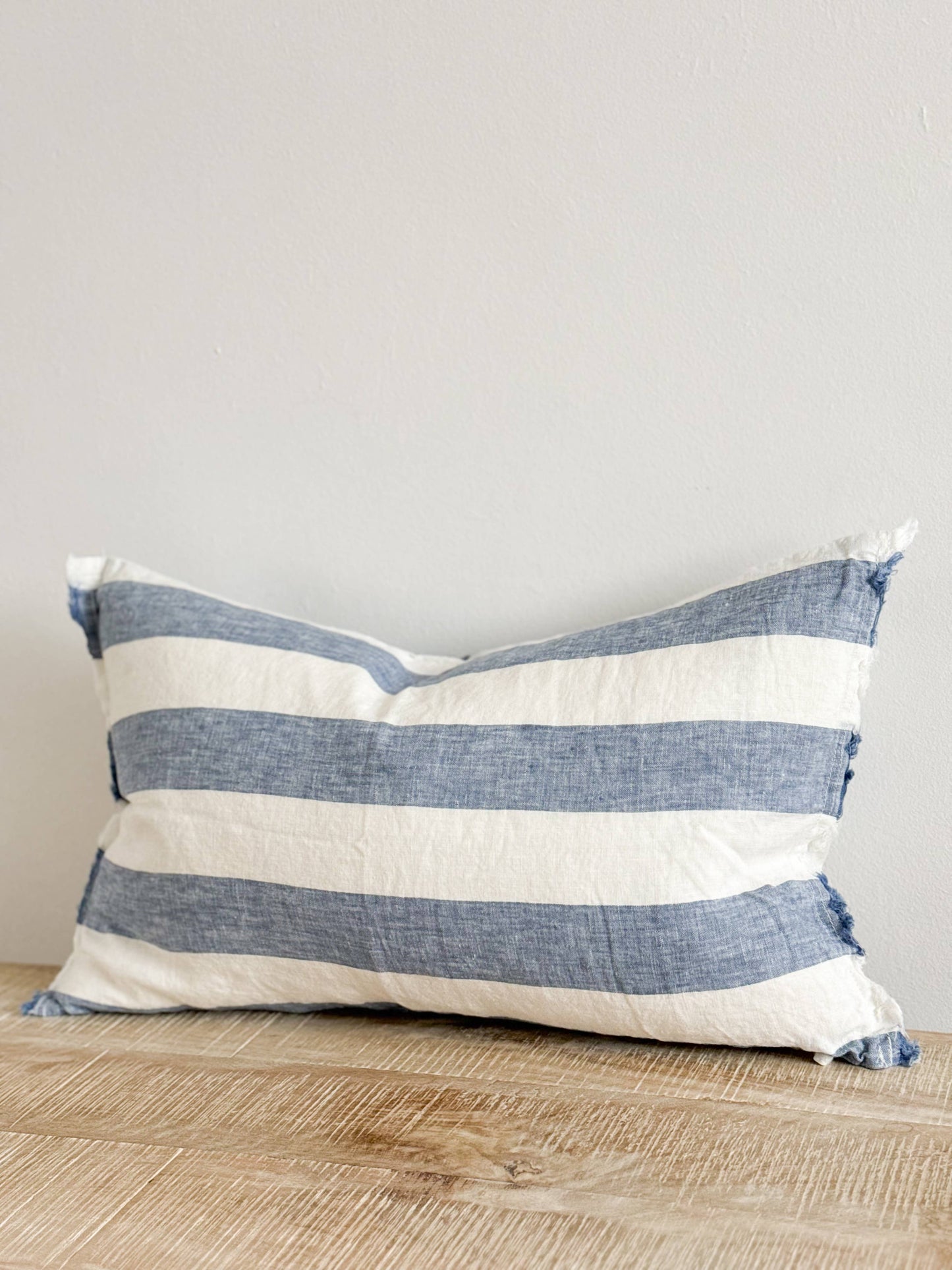 Esmee Fringed Linen Cushion Cover 50x30 – Wide Blue Stripe🇬🇧