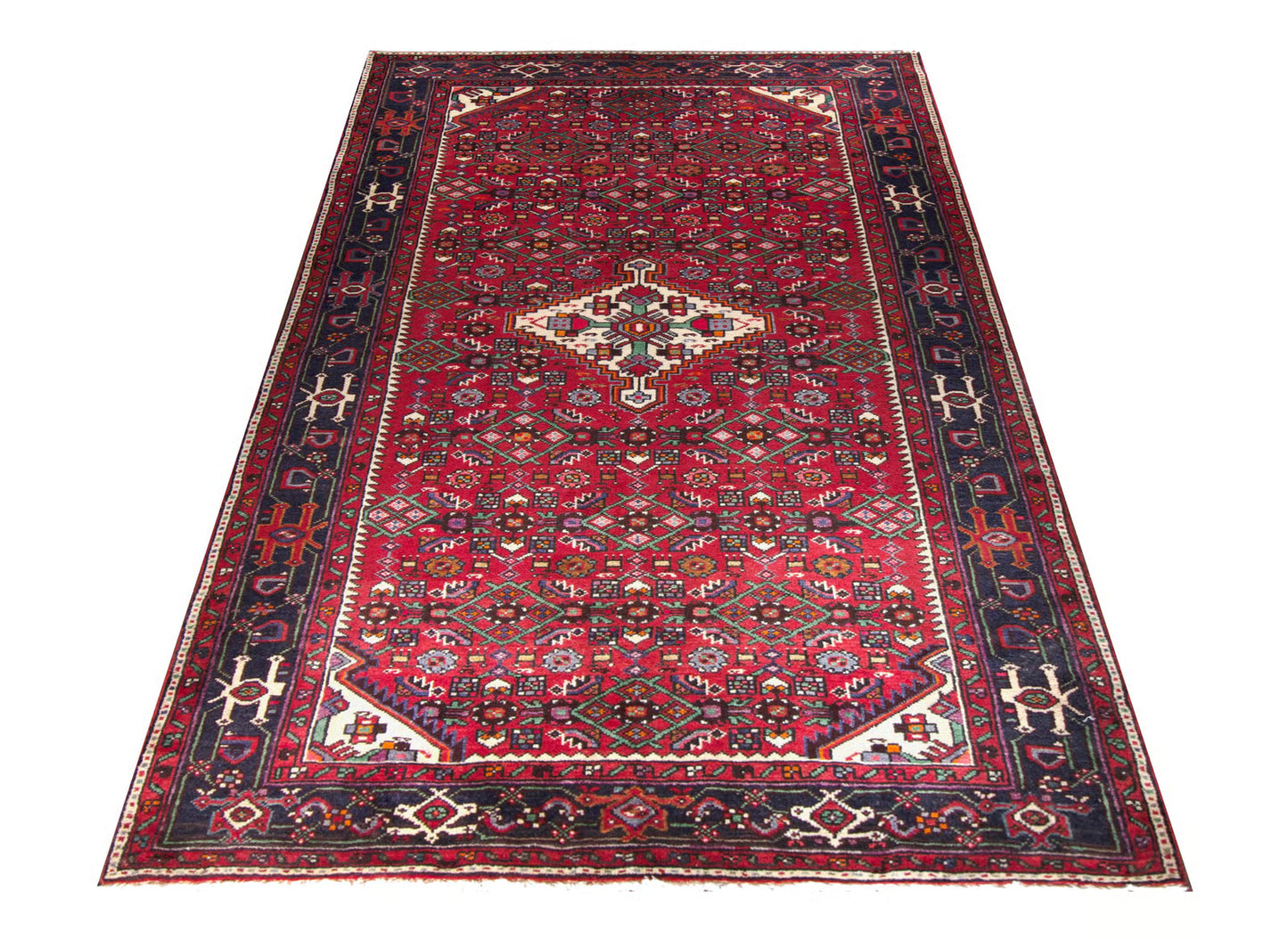Hosseinabad Semi-Antique Medallion Red Wool Hand Knotted Persian Rug - 5'2" x 7'11" N14607