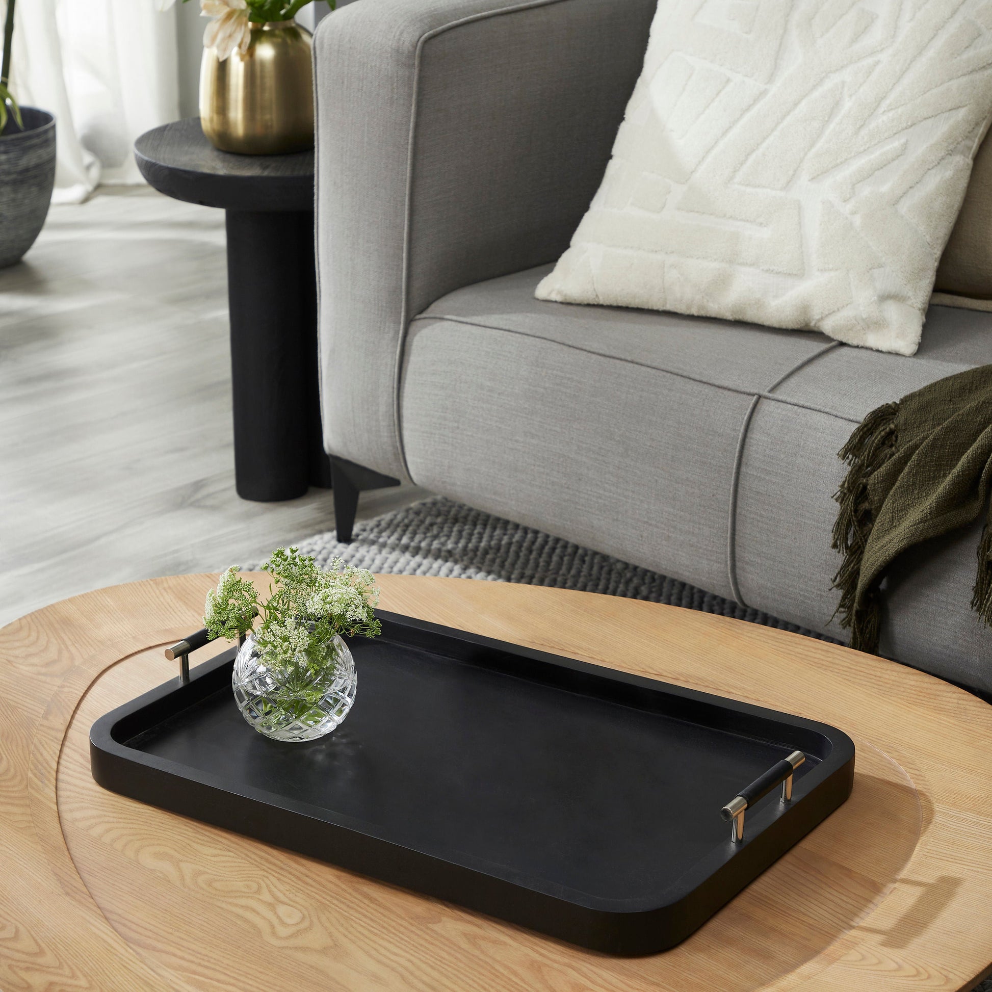 Hudson Decorative Tray With Leather And Nickel Handles Black