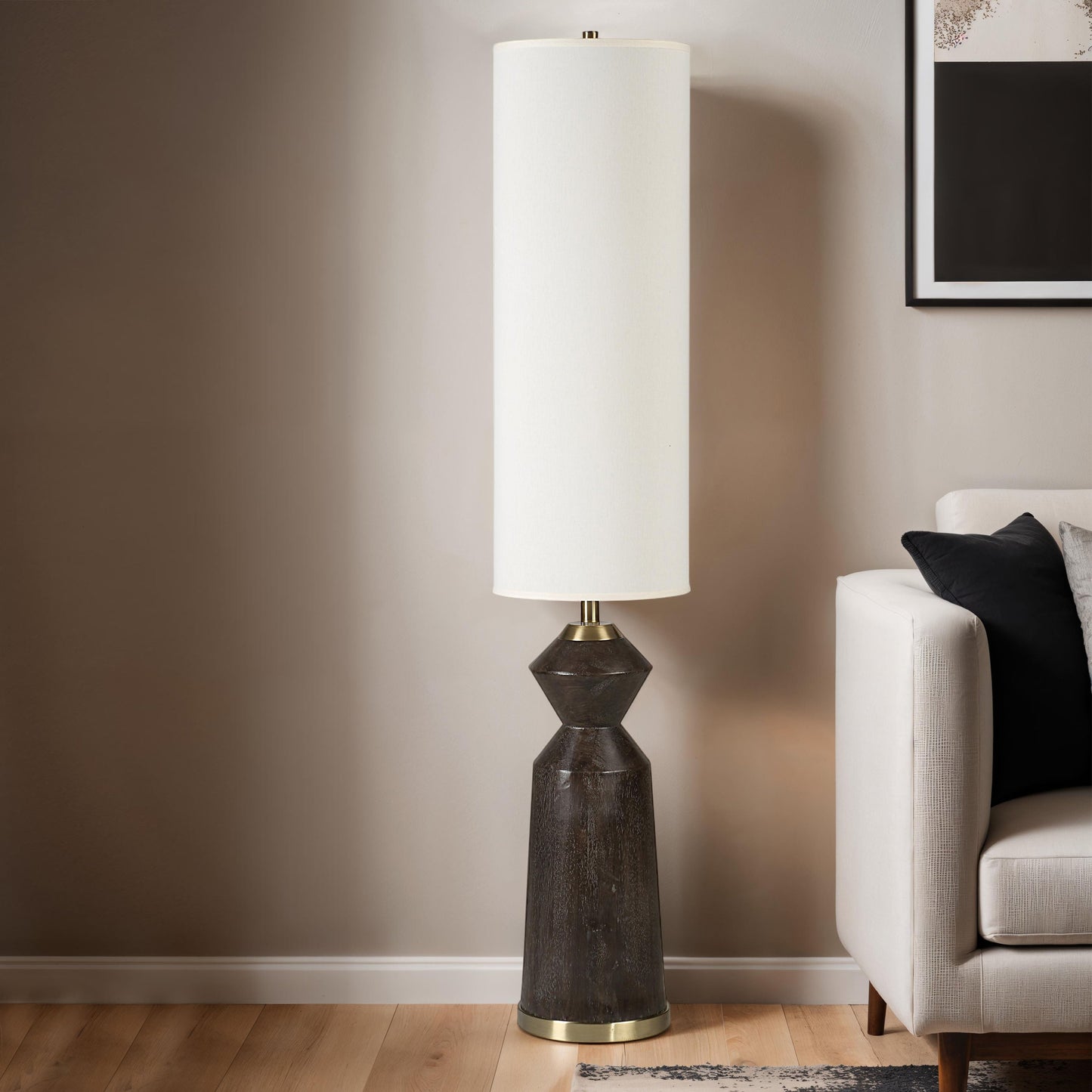 Pixel Dark Brown White-Washed Floor Lamp with Cream Linen Shade