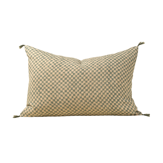 16x24 Block Print Check Linen Pillow, Blue