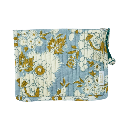 Quilted Indian Flower Printed Small Pouch Vishnu Blue🇫🇷