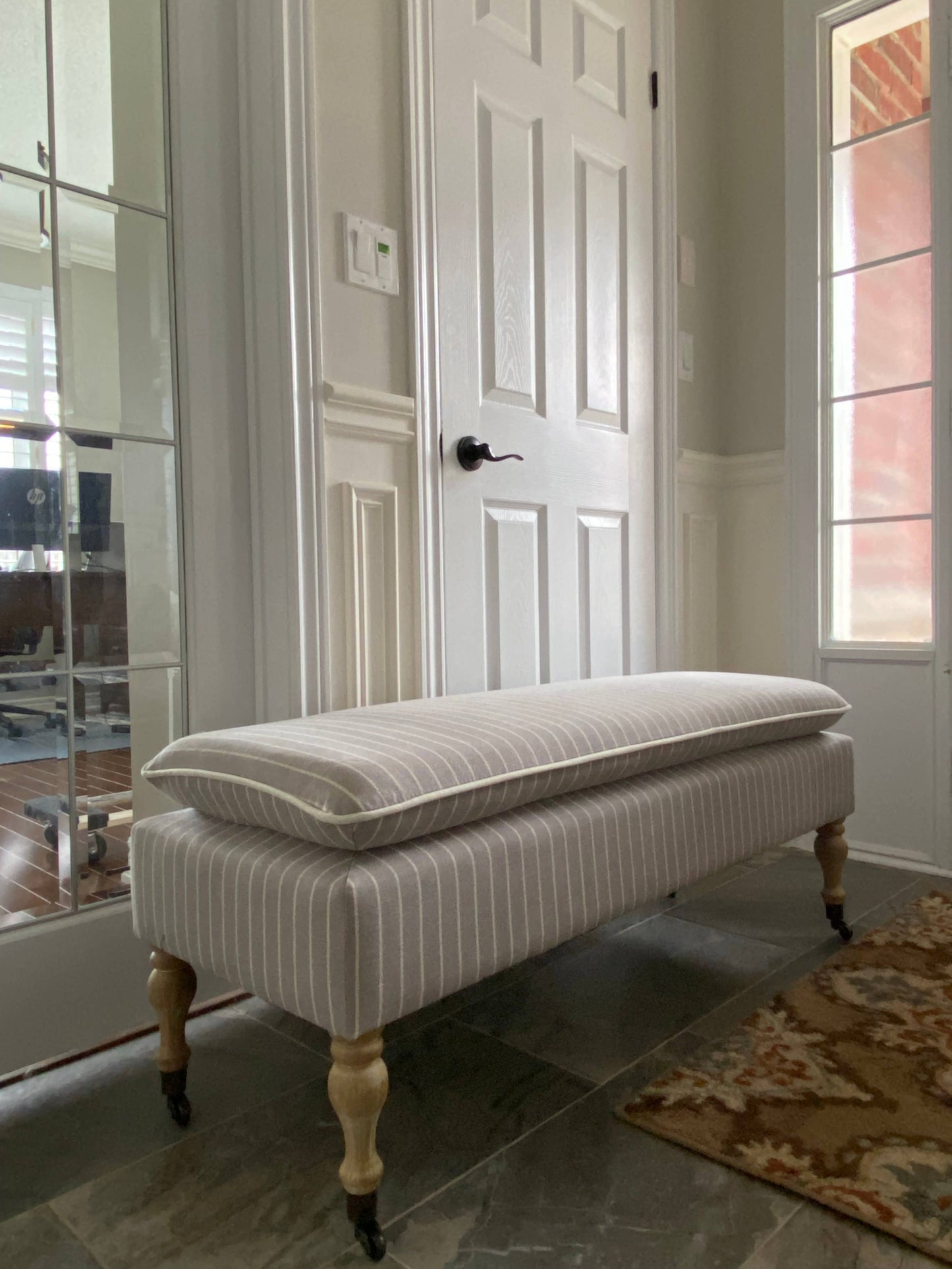Linen Ticking Upholstered Pillowtop 48" Rossini Bench-Gray