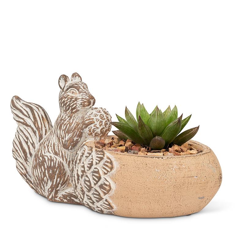 Sm Acorn Low Planter w/Squirrel-8.5"L