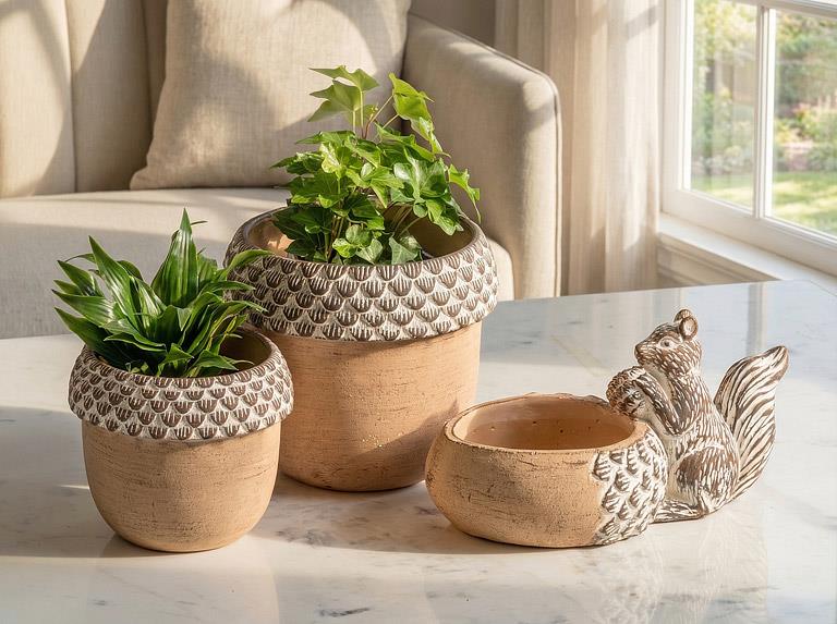 Sm Acorn Low Planter w/Squirrel-8.5"L