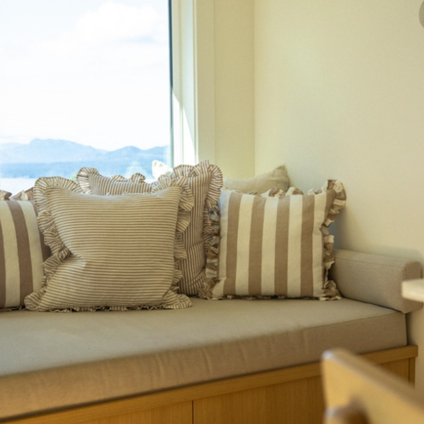 20x20 Ruffle Thin Stripe Pillow, Fawn