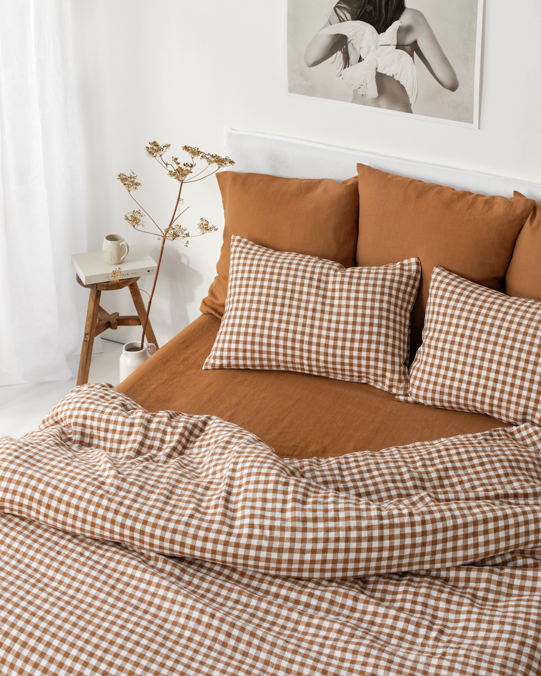 Cinnamon gingham linen duvet cover