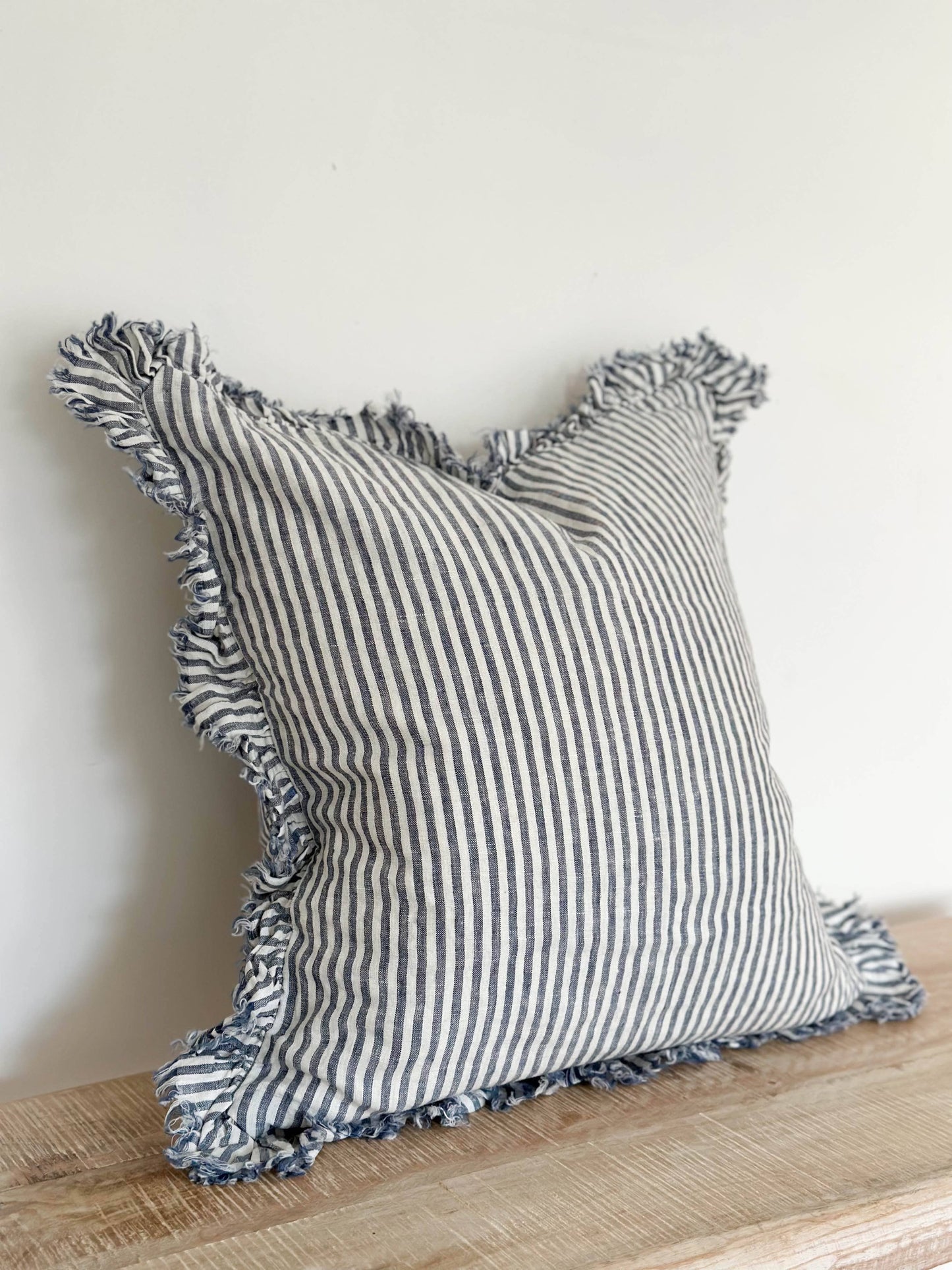 Hallie Ruffled Linen Cushion Cover – Navy Stripe🇬🇧