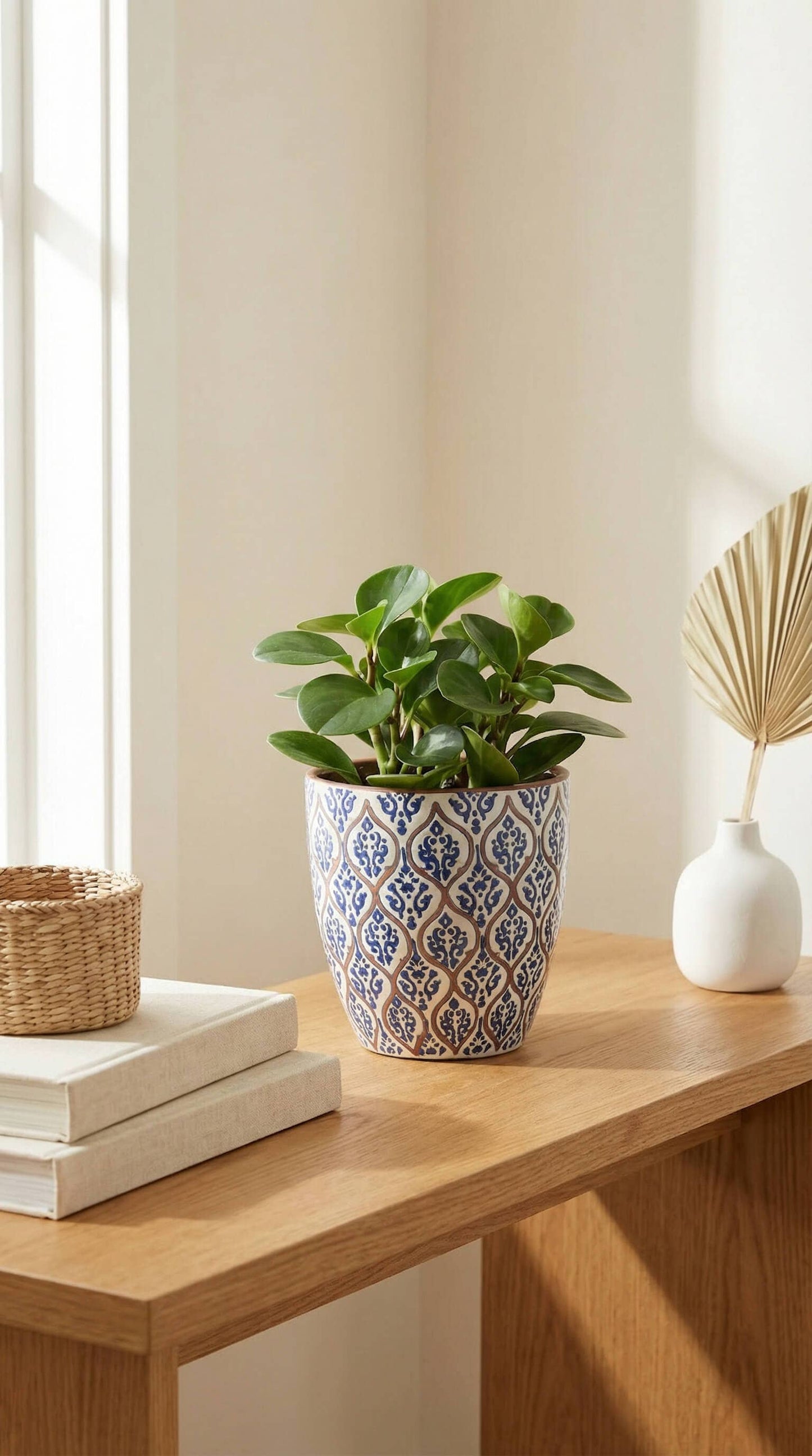 Ceramic Planter Pot, Blue White Pattern - Amara