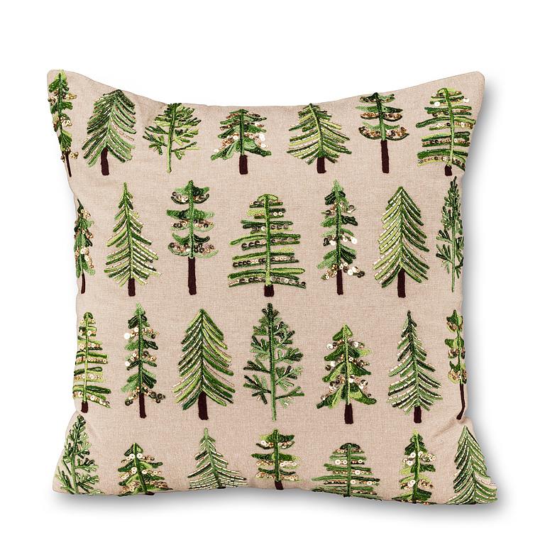 Embroidered & Beaded Trees Pillow-20"SQ