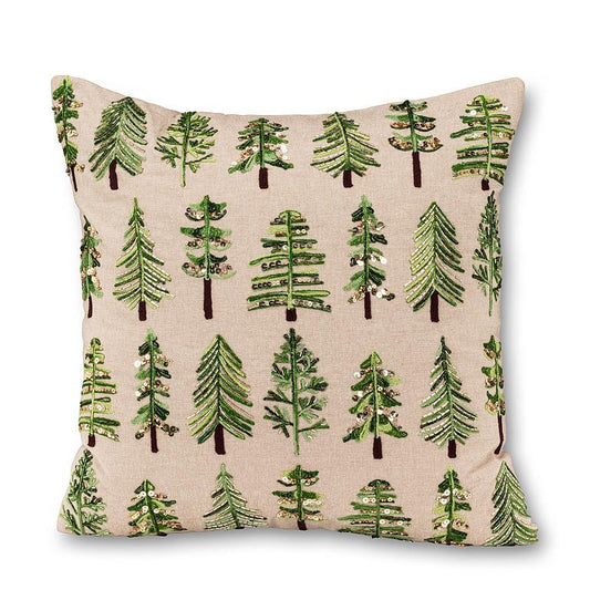 Embroidered & Beaded Trees Pillow-20"SQ