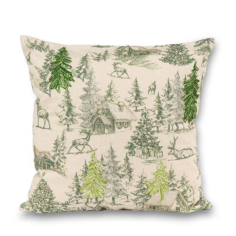 Winter Scene w/Embroidery Pillow-18"SQ