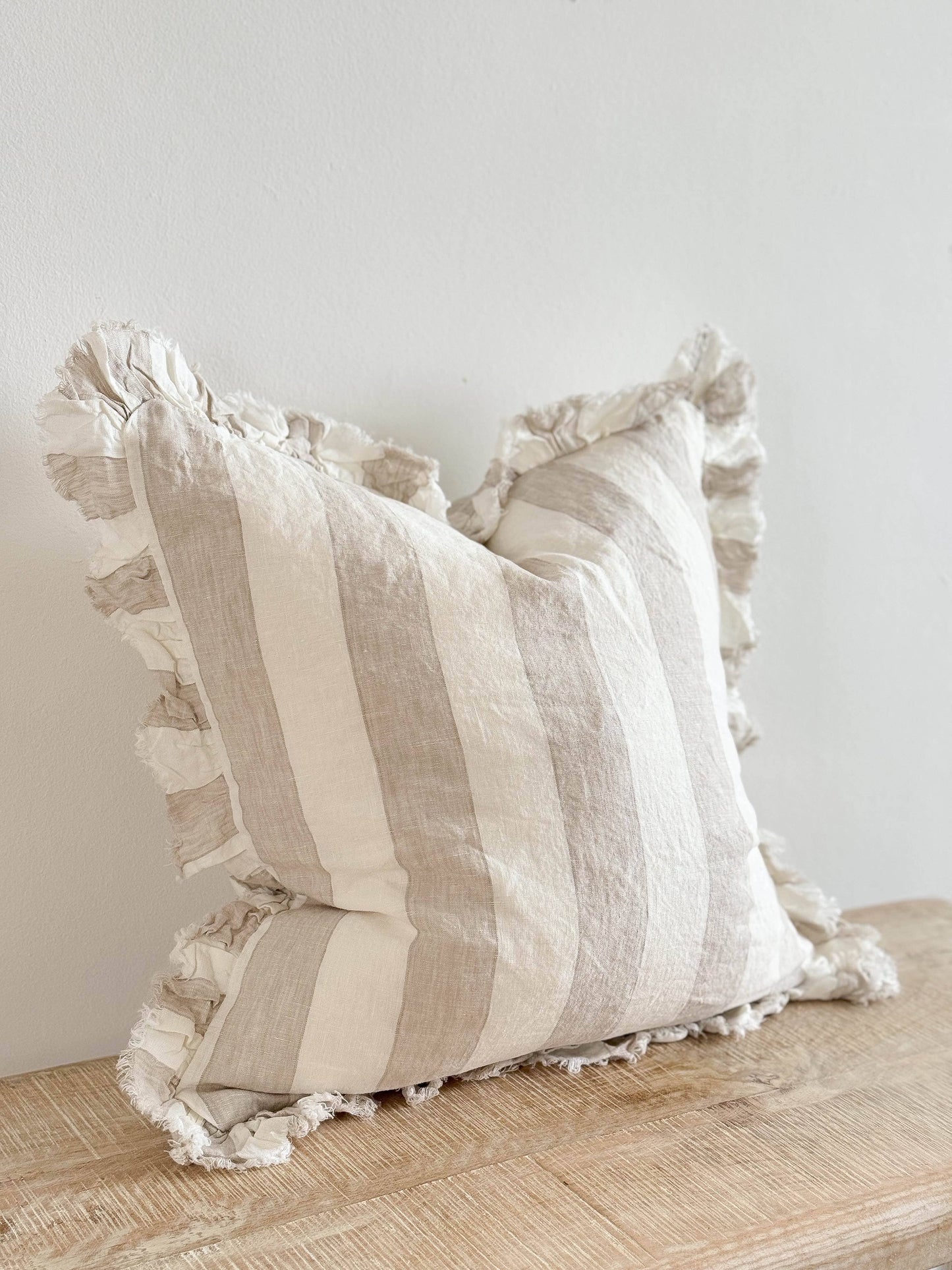 Hallie Ruffled Linen Cushion Cover – Beige & Cream Wide Stripe🇬🇧