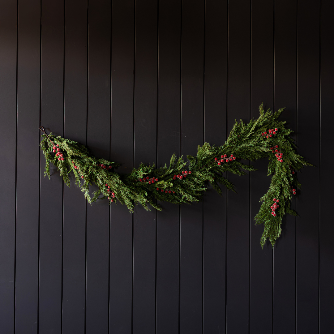 Red Plum Frosted Berry Norfolk Cypress Garland - 6 Ft