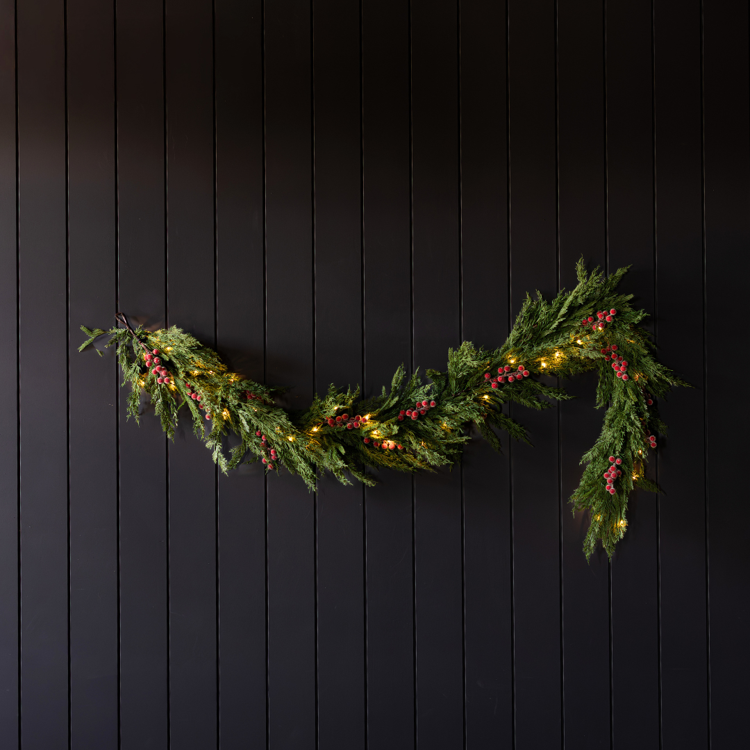Red Plum Frosted Berry Norfolk Cypress Garland - 6 Ft