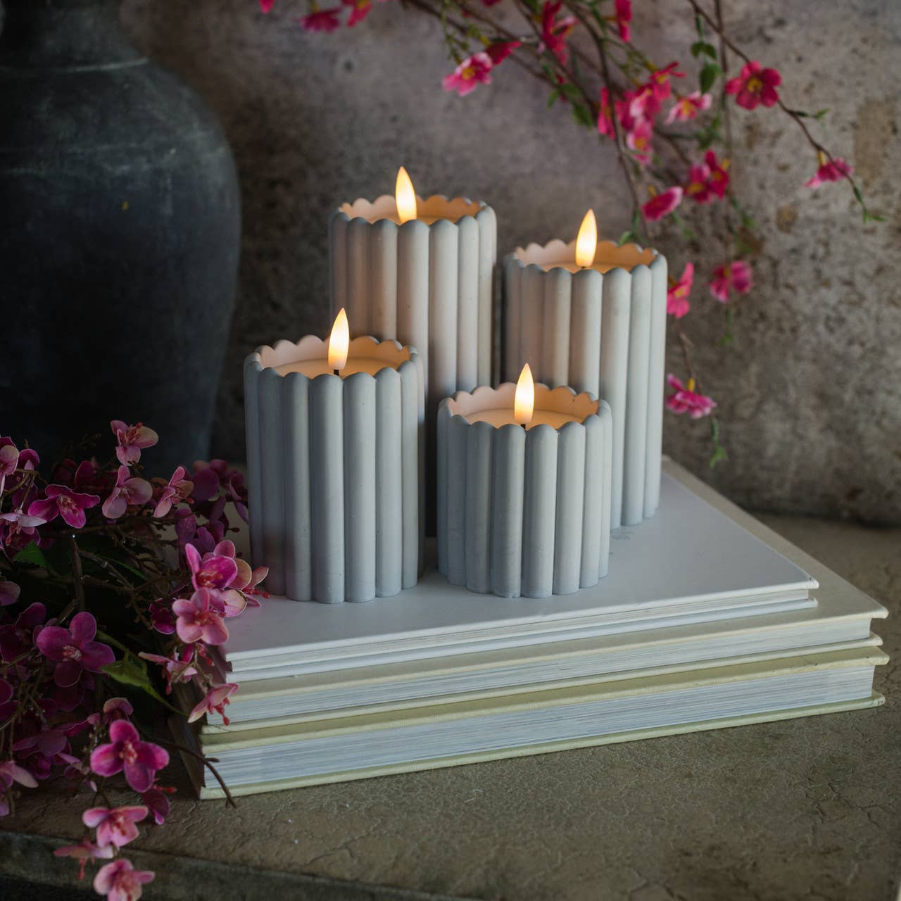 4" GREY CEMENT COLUMN 3D FLAME CANDLE