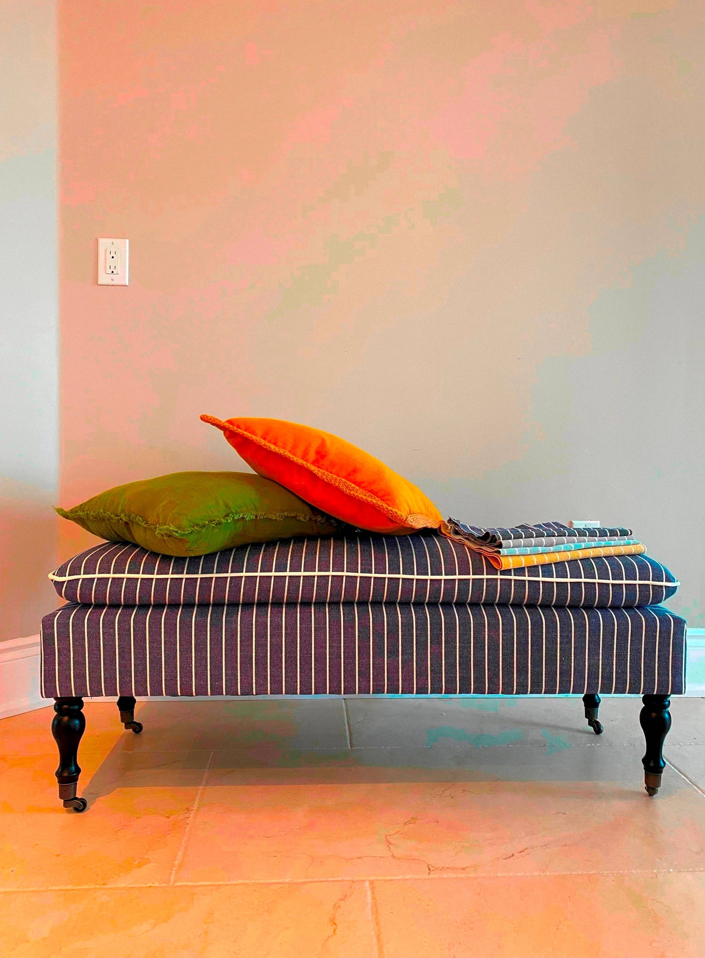 Linen Ticking Upholstered Pillowtop 48" Rossini Bench-Indigo