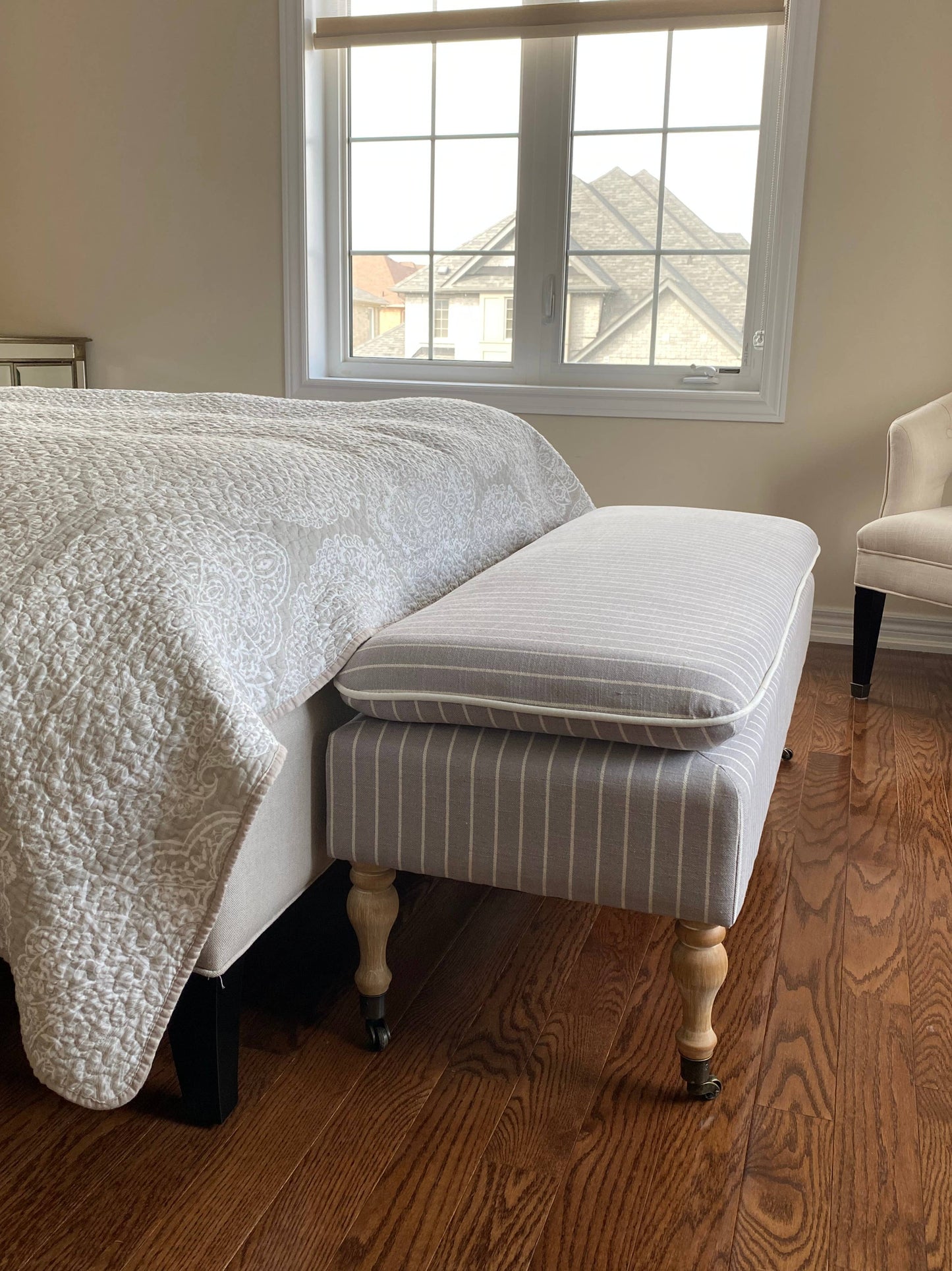 Linen Ticking Upholstered Pillowtop 48" Rossini Bench-Gray