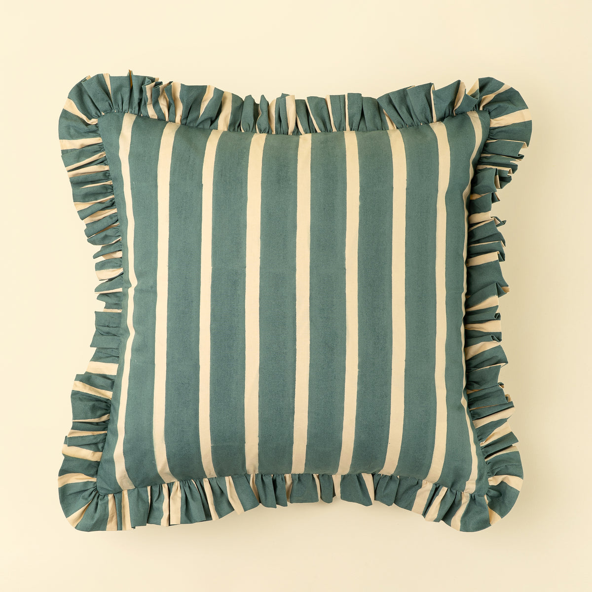 Block Print Stripe Ruffle Pillow, Blue
