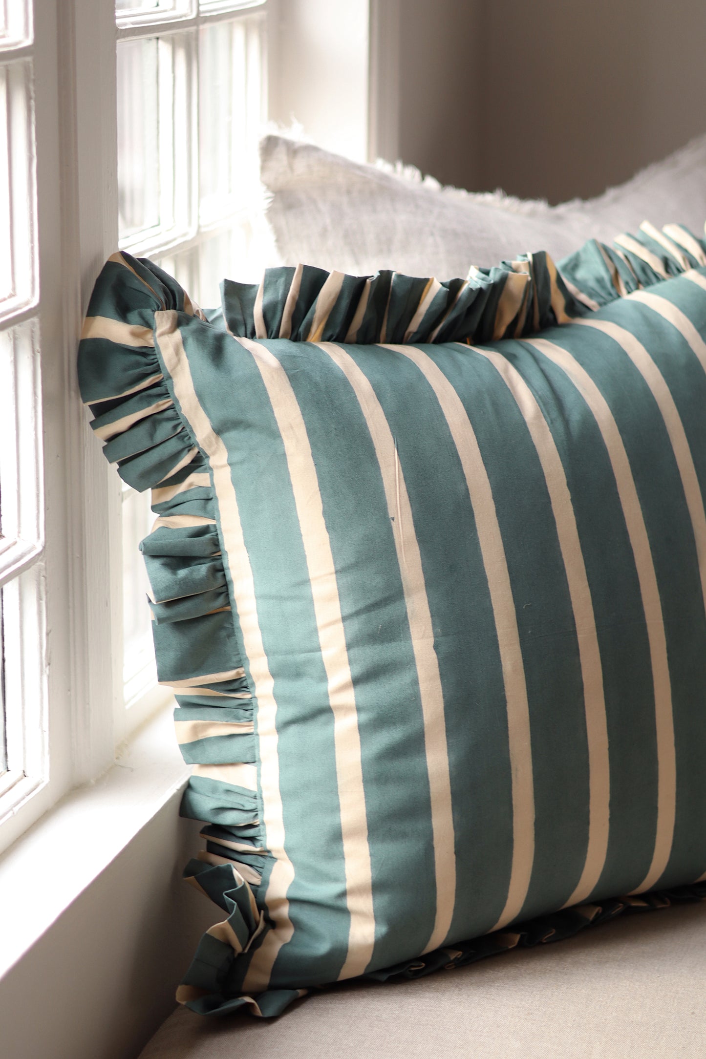 Block Print Stripe Ruffle Pillow, Blue