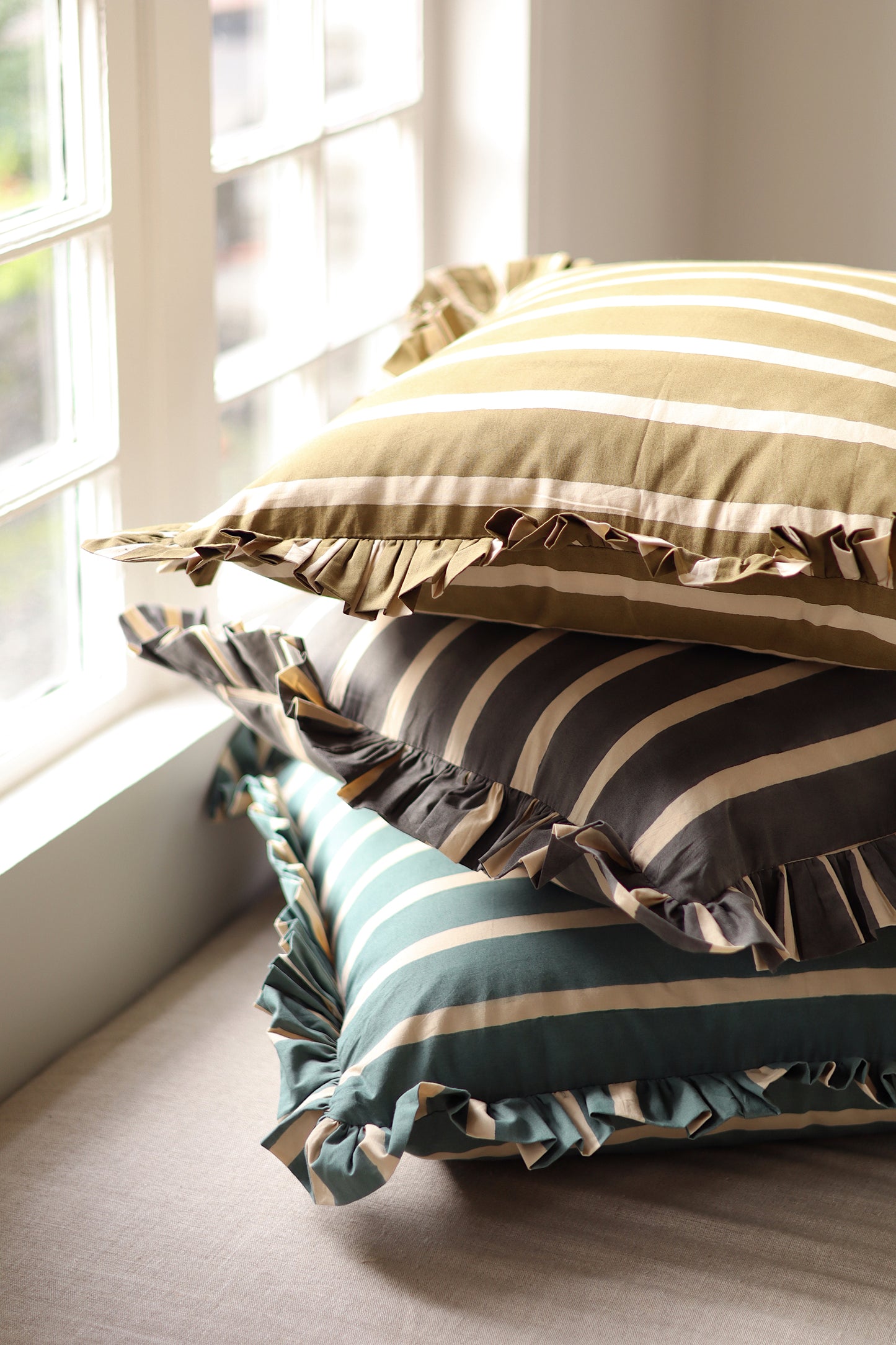 Block Print Stripe Ruffle Pillow, Blue