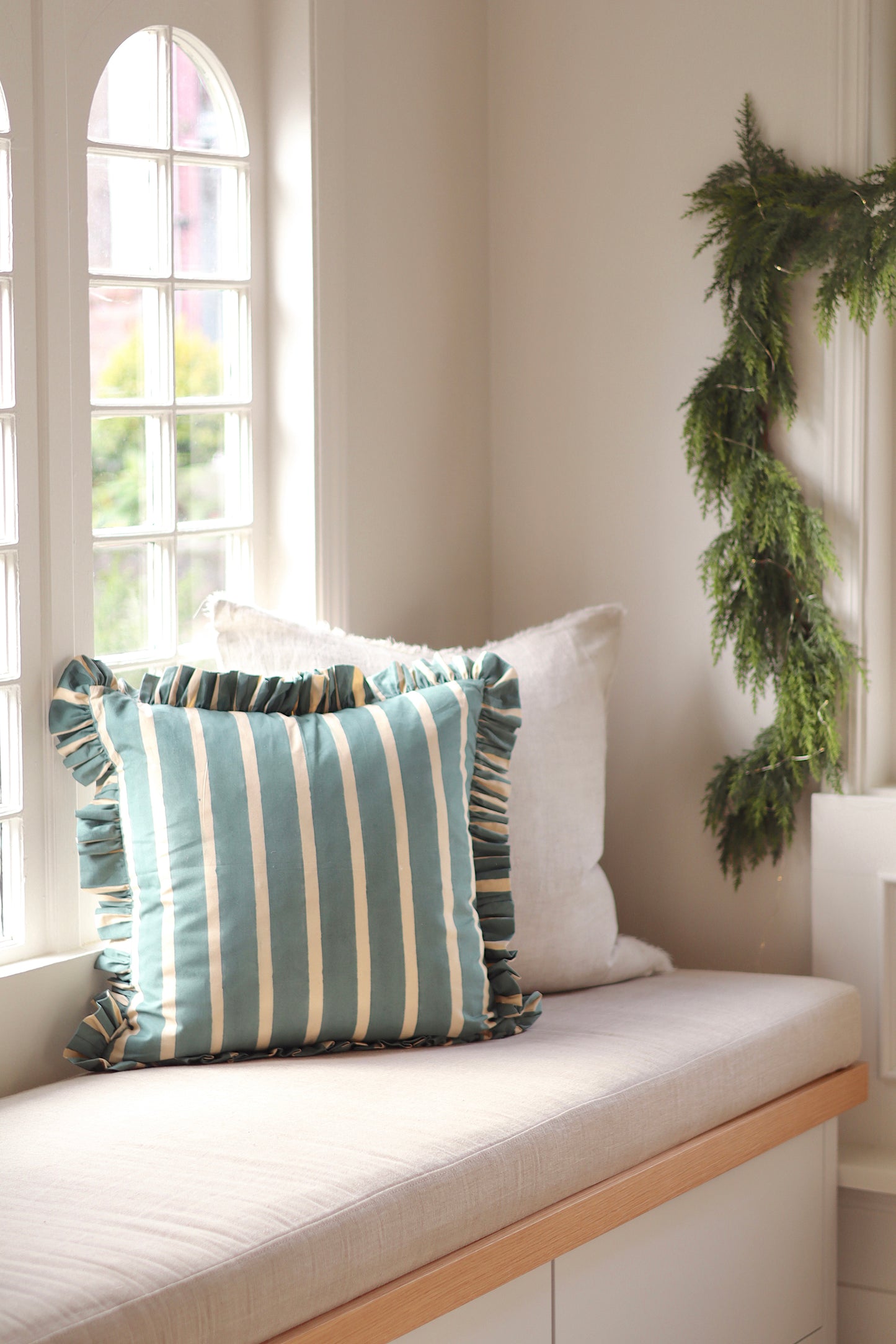 Block Print Stripe Ruffle Pillow, Blue
