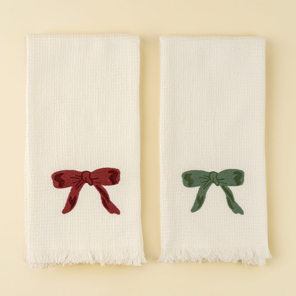 Embroidered Bow Waffle Hand Towels — Set of 2