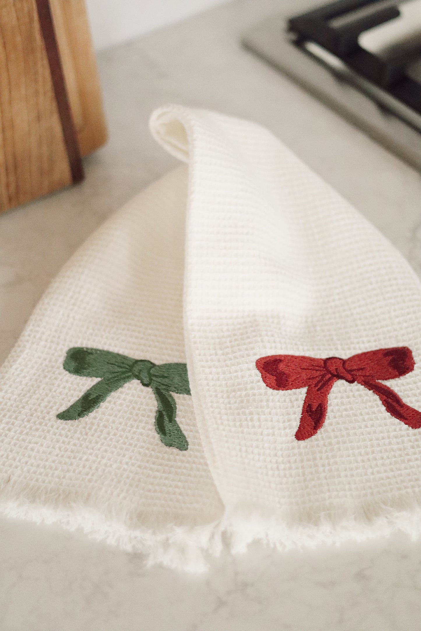 Embroidered Bow Waffle Hand Towels — Set of 2