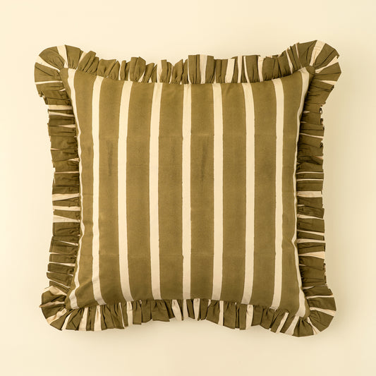 Block Print Stripe Ruffle Pillow, Olive