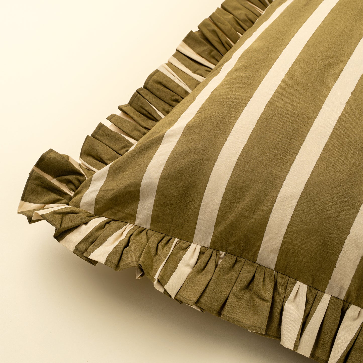 Block Print Stripe Ruffle Pillow, Olive